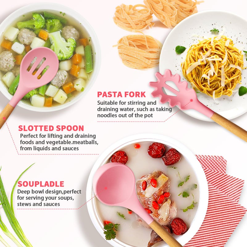 Caliamary Silicone Kitchen Utensil Set, 11 Pieces Cooking Utensil with Wooden Handles, Utensil Holder for Nonstick Cookware, Spoon, Soup Ladle, Slotted Turner, Whisk, Tongs, Brush, Pasta Server (Pink) - Image 2